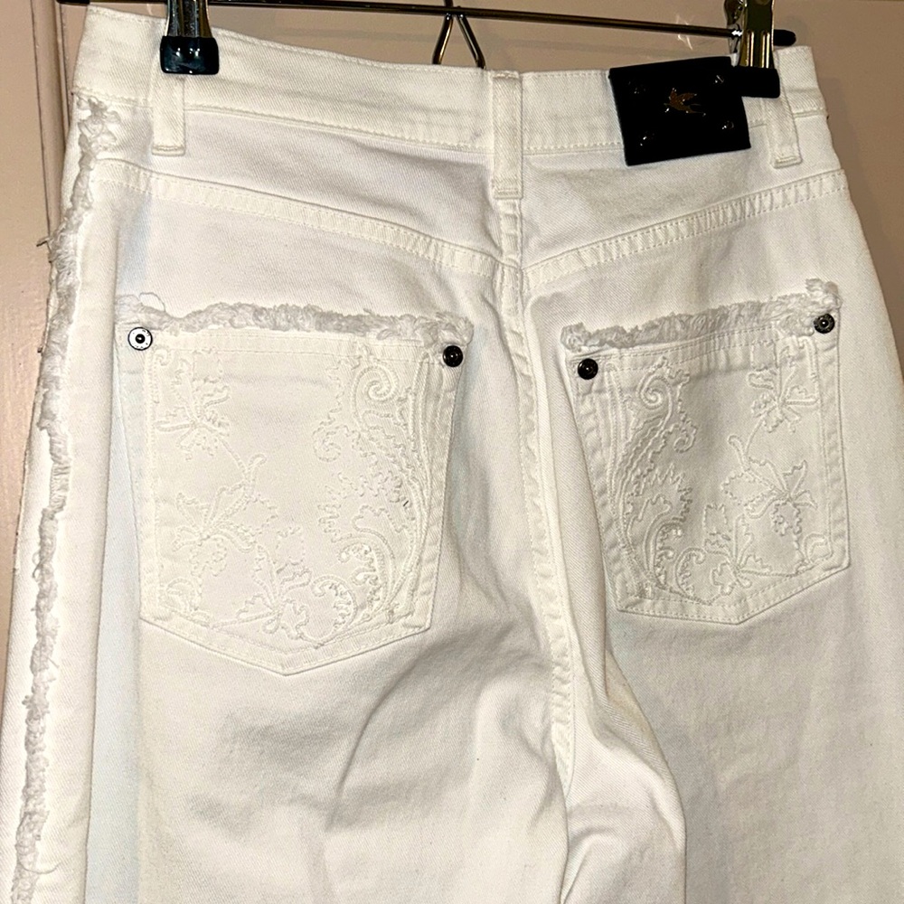 Rare ETRO Sz 27 x 34 white cotton embroidered wideleg Jean fringe edge hi waist - Picture 6 of 15